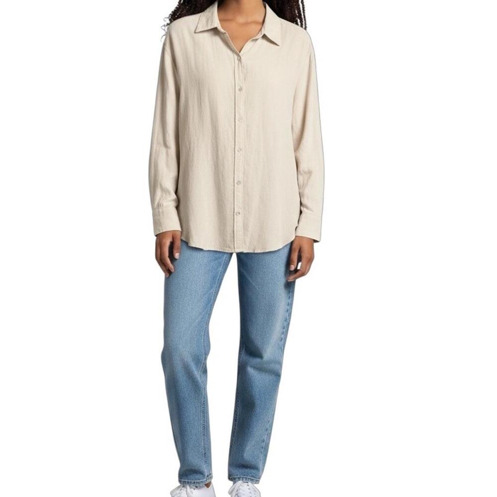 NIA Anthropologie Women’s Medium Beige Jute Tencel Linen Blend Button Up Shirt